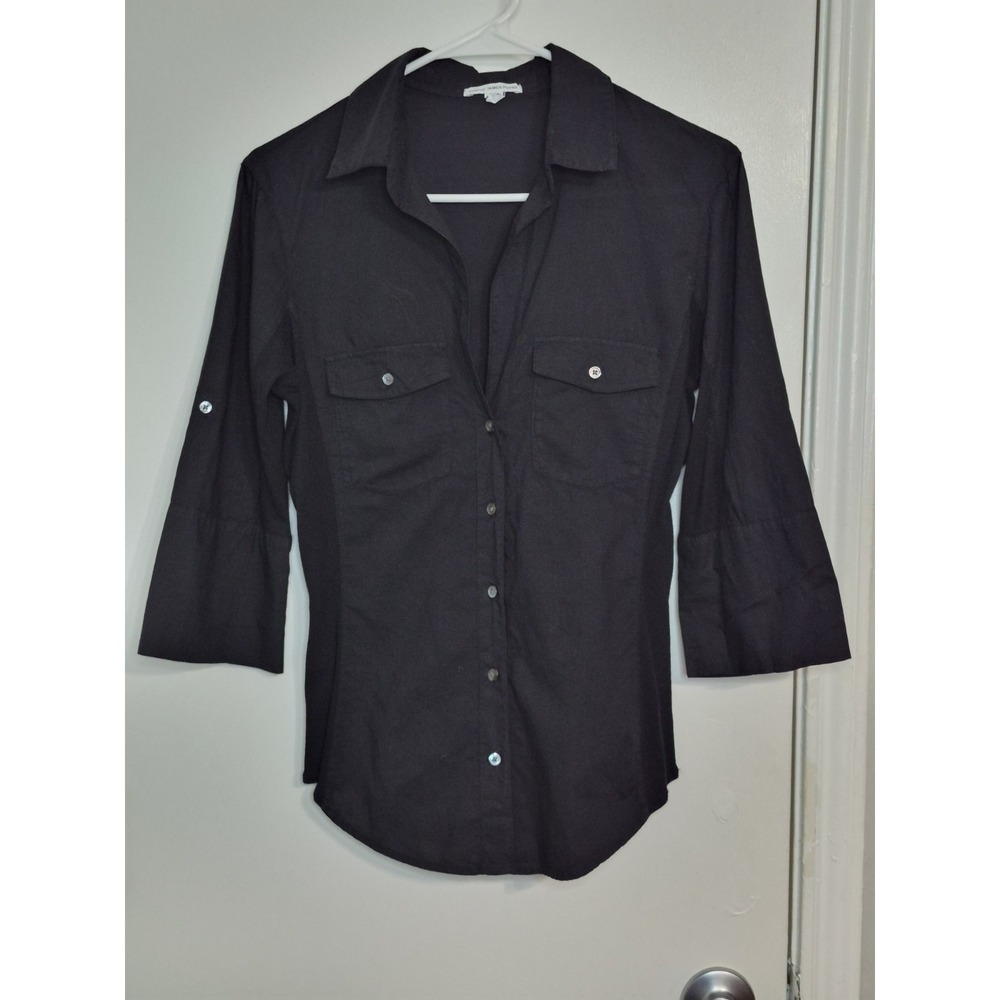 James Perse 2 Womens Med Black Button Up Side Panel Supima Shirt Roll Tab Sleeve